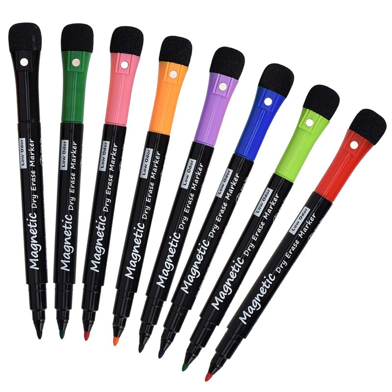 Browill Magnetic Dry Erase Markers, (8 Pack) Dealkits Low Odor White Board Markers Whiteboard Markers with Erasers for Kids Teacher Supplies for Classroom Work on White Board, Calender, Fine Tip Point - Image 1